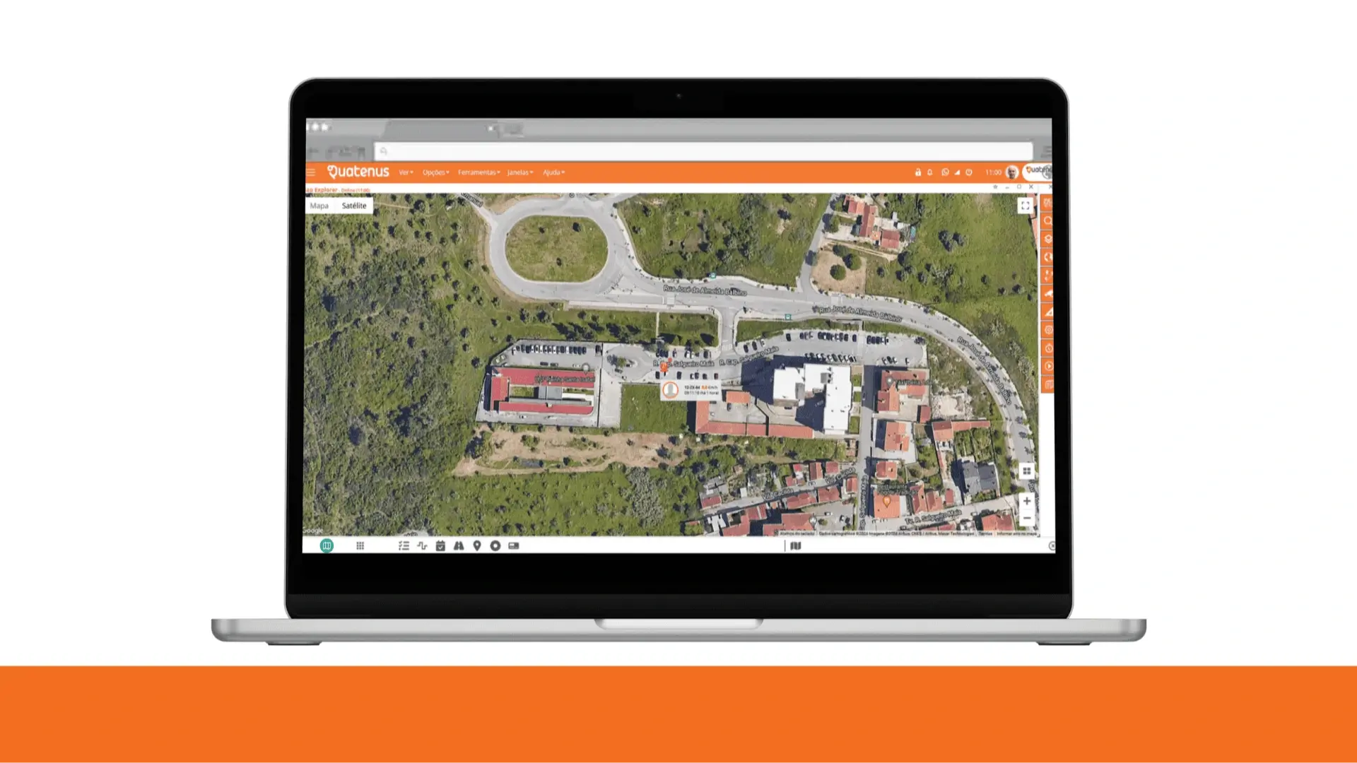Laptop displaying an aerial view in the Quatenus platform for location tracking and geographic asset monitoring